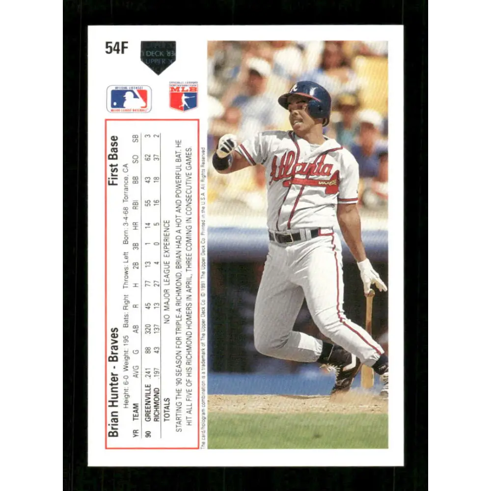 1991 Upper Deck Final Edition #54 Brian Hunter EX Excellent RC Rookie Atlanta Braves Baseball Card Image 2