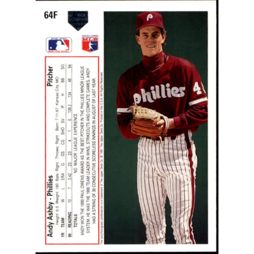 1991 Upper Deck Final Edition #64 Andy Ashby EX Excellent RC Rookie Philadelphia Phillies Baseball Card Image 2