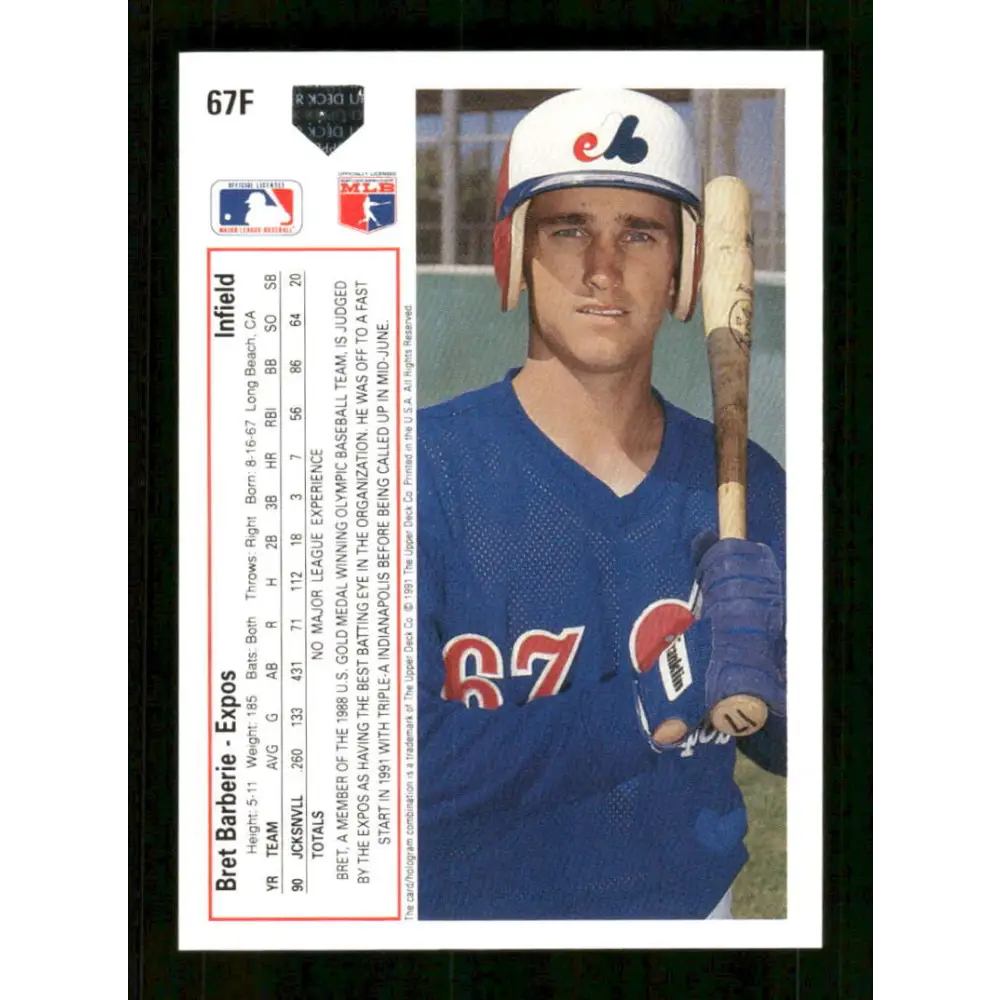1991 Upper Deck Final Edition #67 Bret Barberie EX Excellent RC Rookie Montreal Expos Baseball Card Image 2