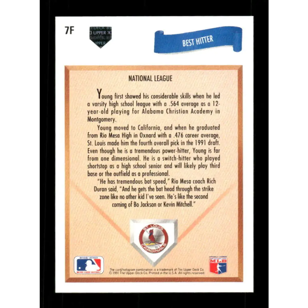 1991 Upper Deck Final Edition #7 Dmitri Young EX Excellent RC Rookie St. Louis Cardinals Baseball Card Image 2