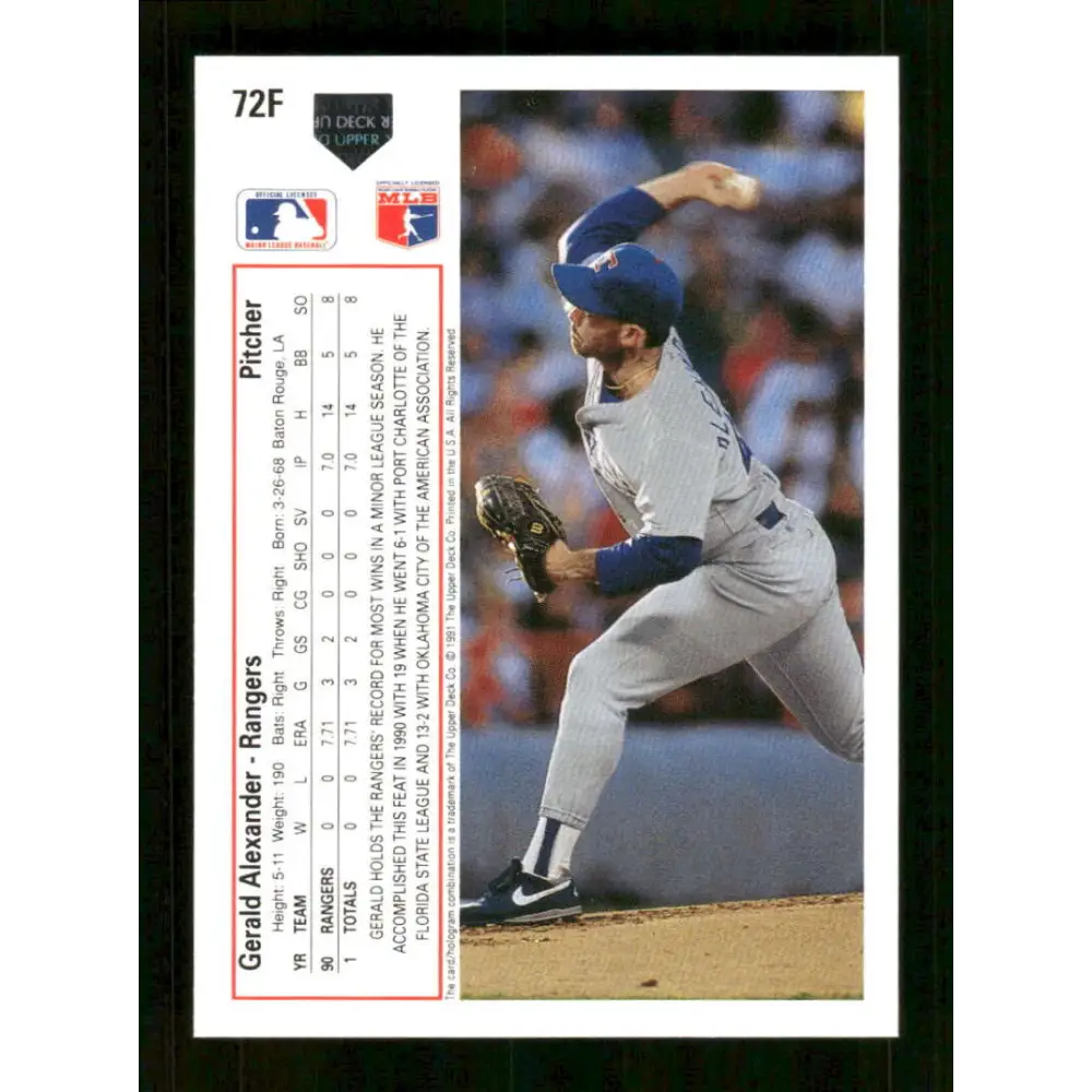 1991 Upper Deck Final Edition #72 Gerald Alexander EX Excellent RC Rookie Texas Rangers Baseball Card Image 2