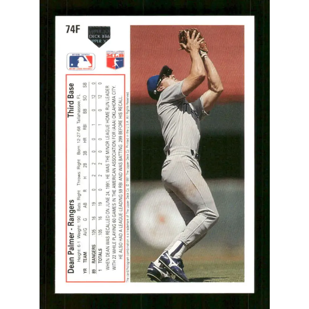 1991 Upper Deck Final Edition #74 Dean Palmer EX Excellent Texas Rangers Baseball Card Image 2
