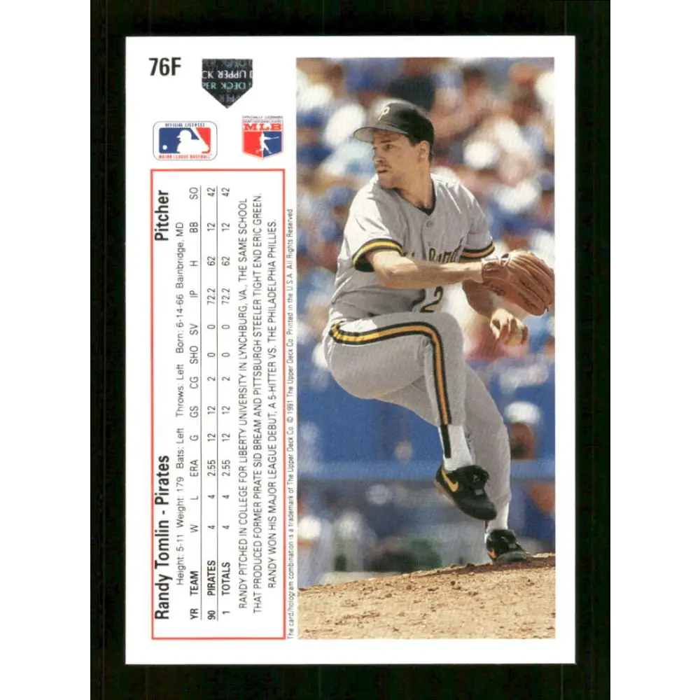 1991 Upper Deck Final Edition #76 Randy Tomlin EX Excellent RC Rookie Pittsburgh Pirates Baseball Card Image 2