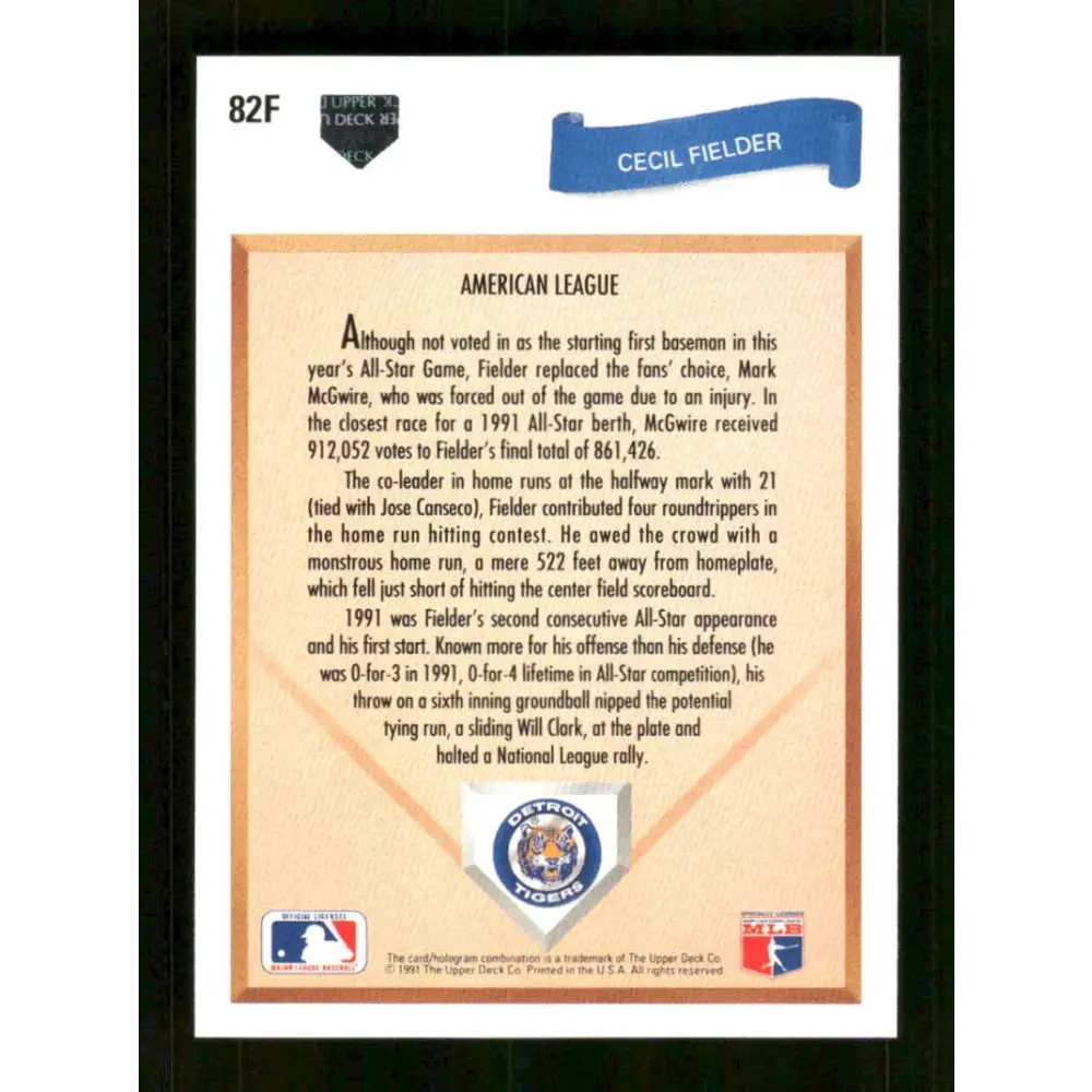 1991 Upper Deck Final Edition #82 Cecil Fielder EX Excellent Detroit Tigers Baseball Card Image 2