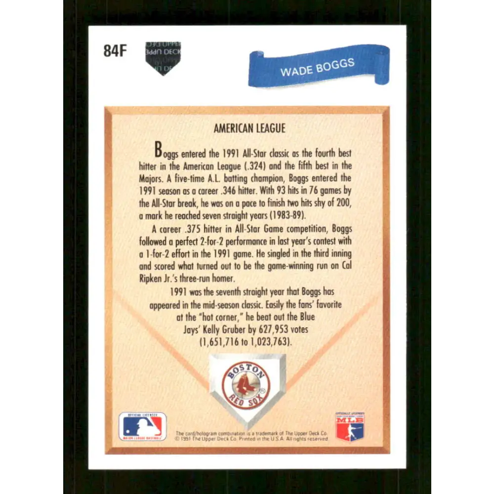 1991 Upper Deck Final Edition #84 Wade Boggs EX Excellent Boston Red Sox Baseball Card Image 2