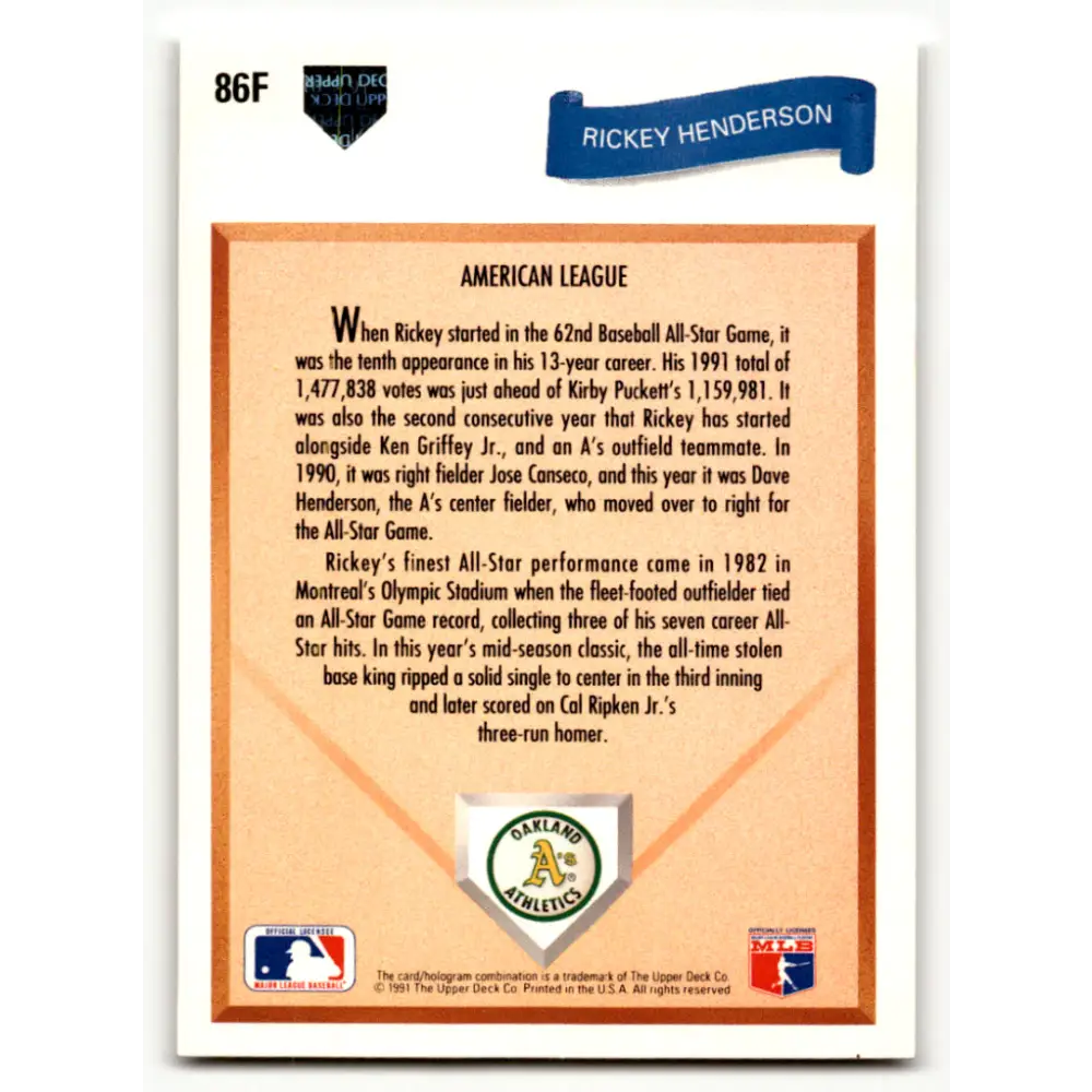 1991 Upper Deck Final Edition #86 Rickey Henderson EX Excellent Oakland Athletics Baseball Card Image 2