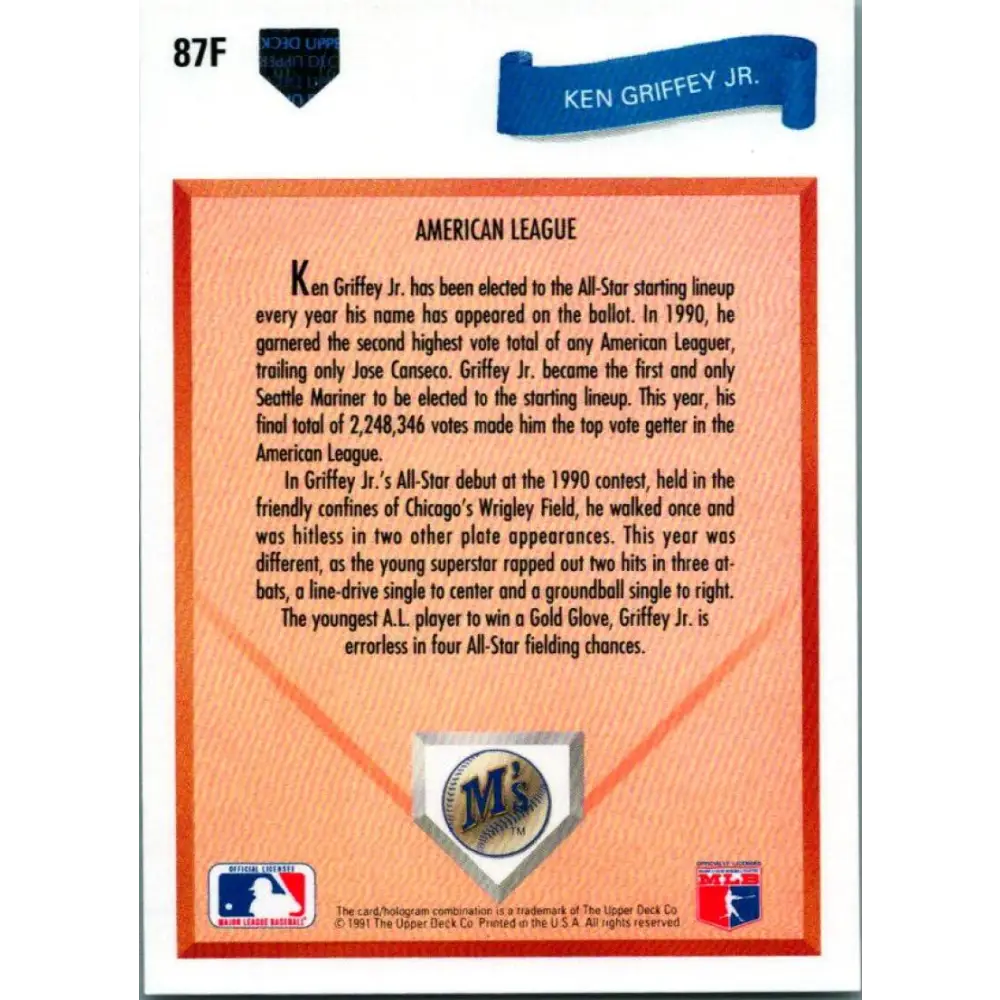 1991 Upper Deck Final Edition #87 Ken Griffey Jr. EX Excellent Seattle Mariners Baseball Card Image 2