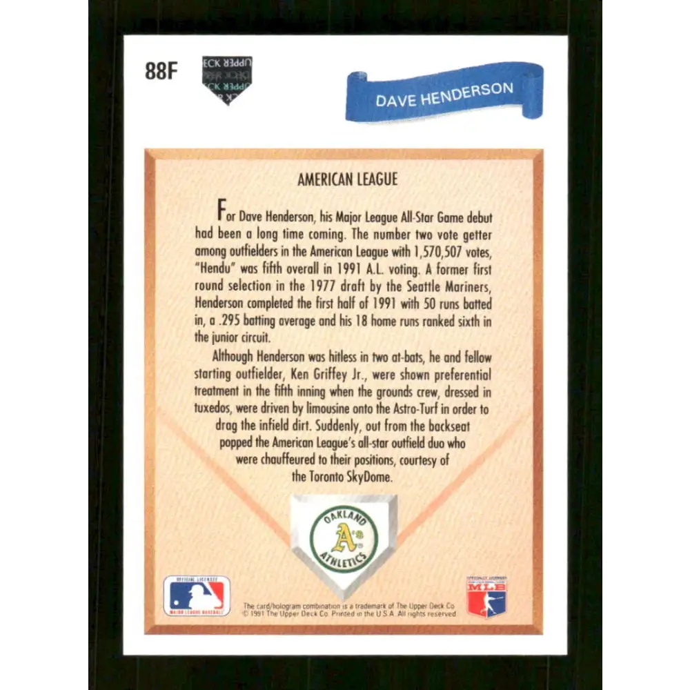 1991 Upper Deck Final Edition #88 Dave Henderson EX Excellent Oakland Athletics Baseball Card Image 2