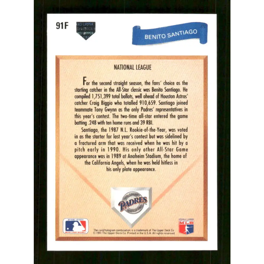 1991 Upper Deck Final Edition #91 Benito Santiago EX Excellent San Diego Padres Baseball Card Image 2