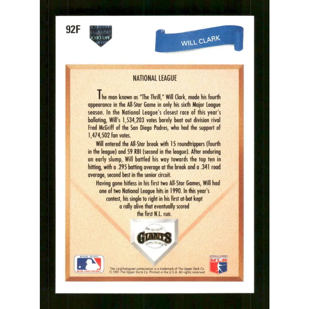 1991 Upper Deck Final Edition #92 Will Clark EX Excellent San Francisco Giants Baseball Card Image 2