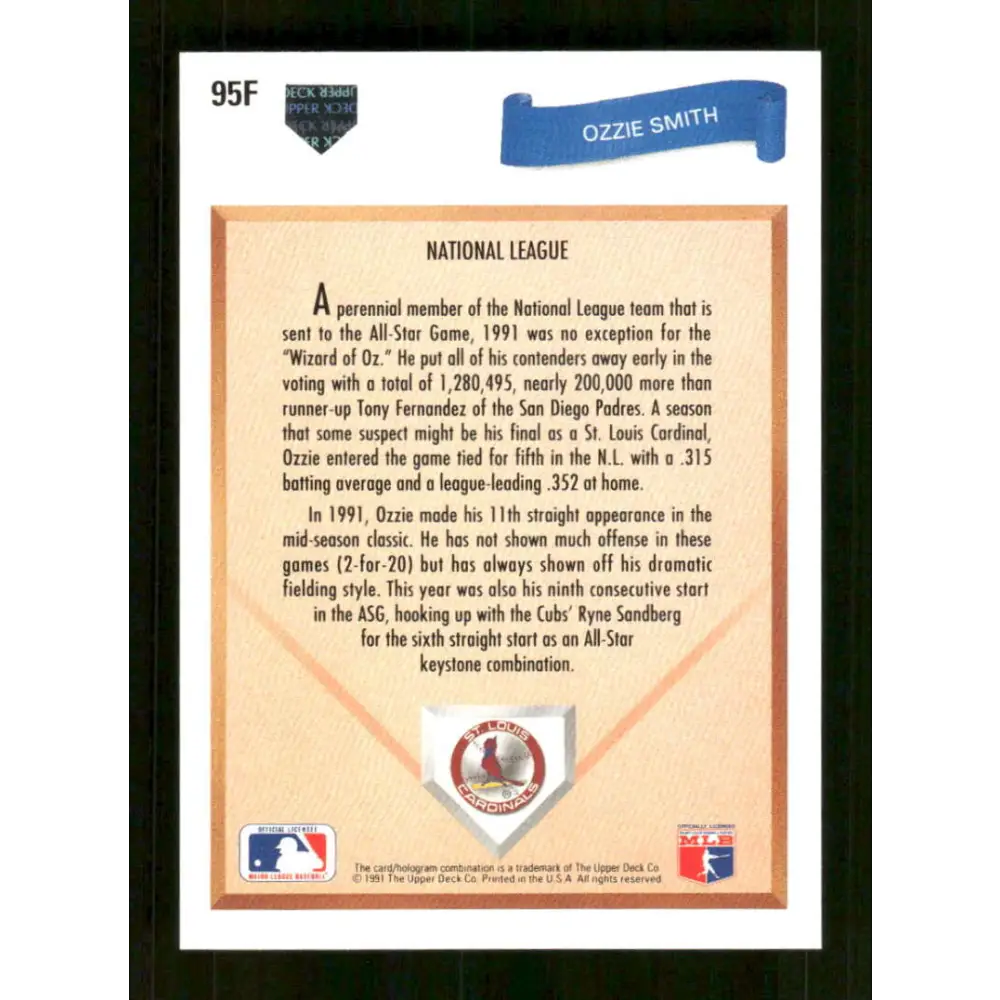 1991 Upper Deck Final Edition #95 Ozzie Smith EX Excellent St. Louis Cardinals Baseball Card Image 2