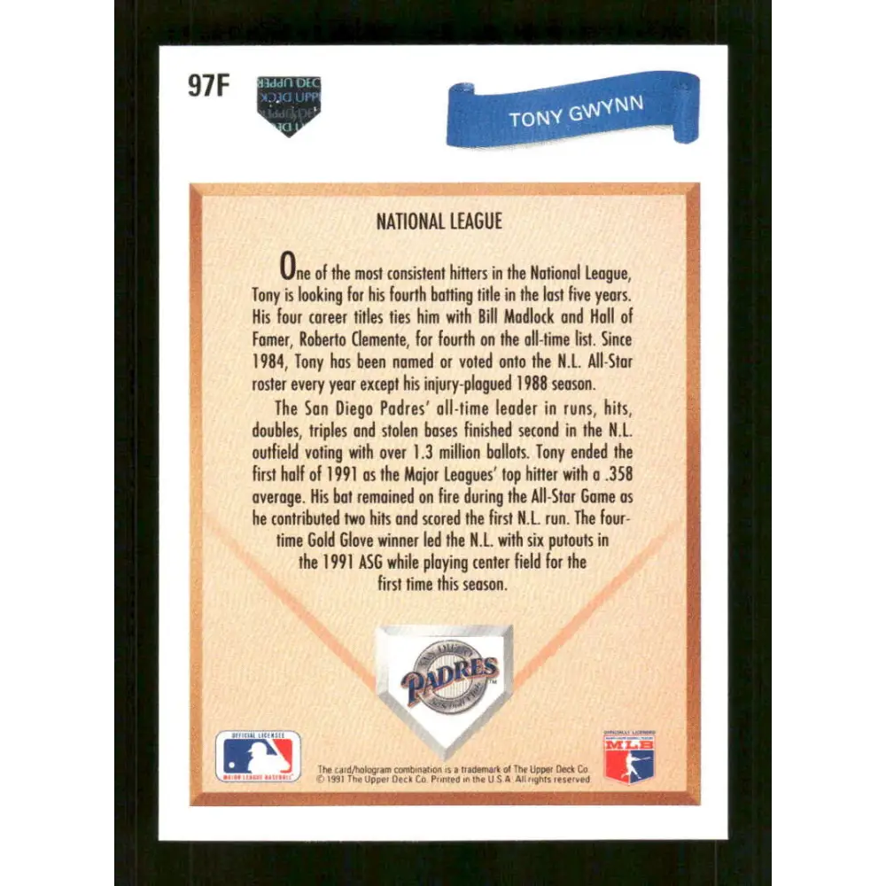 1991 Upper Deck Final Edition #97 Tony Gwynn EX Excellent San Diego Padres Baseball Card Image 2