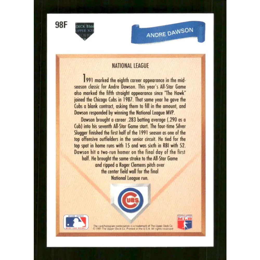 1991 Upper Deck Final Edition #98 Andre Dawson EX Excellent Chicago Cubs Baseball Card Image 2