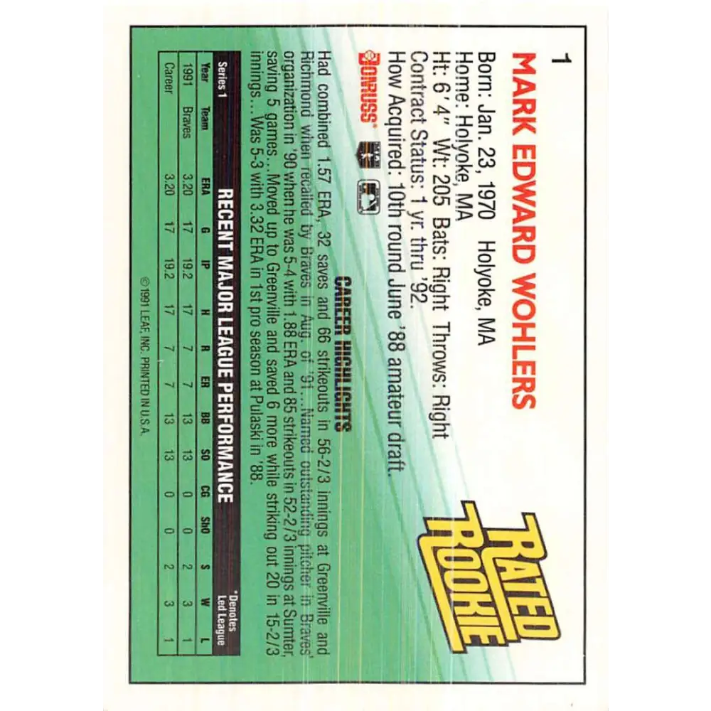 1992 Donruss #1 Mark Wohlers RR NM-MT Atlanta Braves Baseball Card Image 2