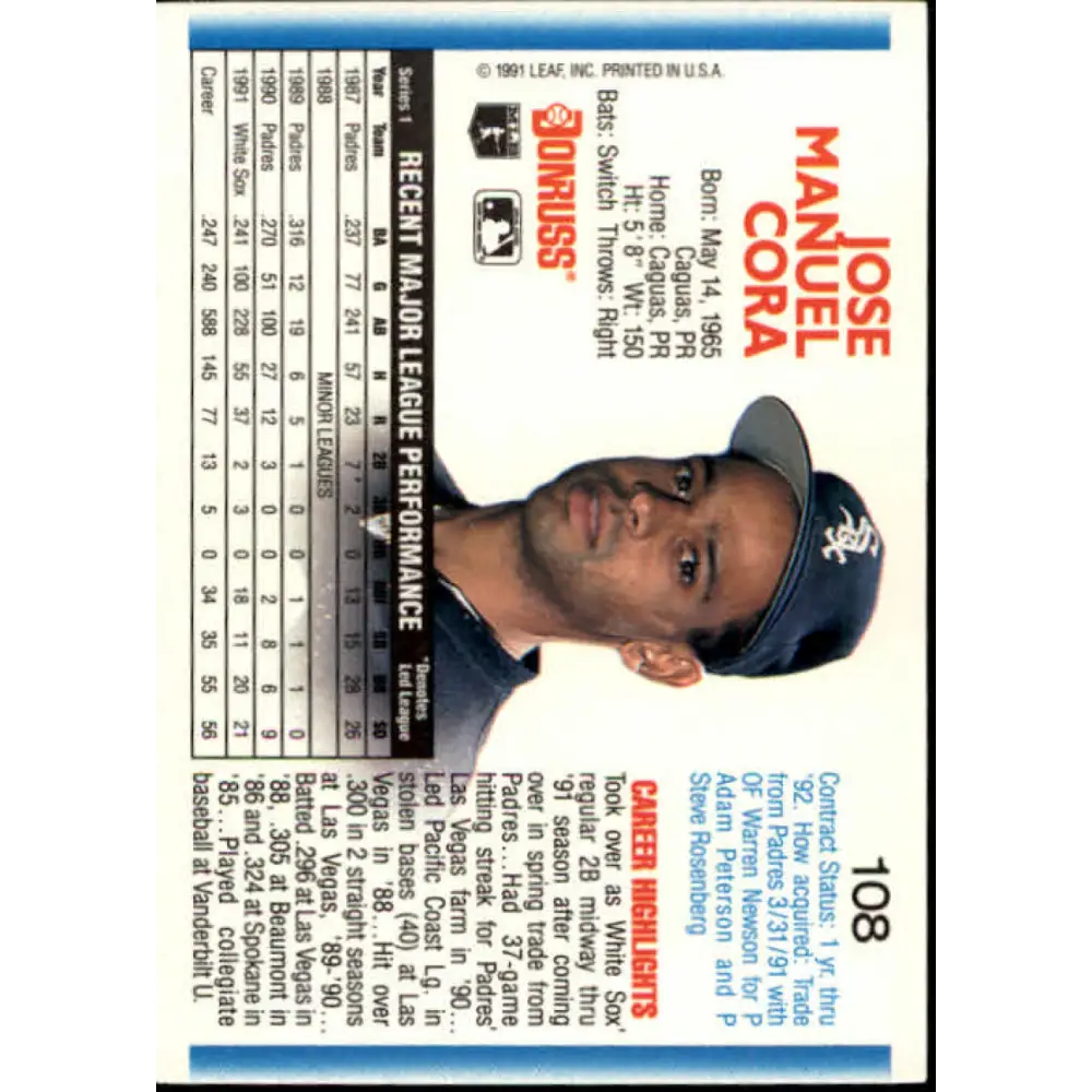 1992 Donruss #108 Joey Cora NM-MT Chicago White Sox Baseball Card Image 2