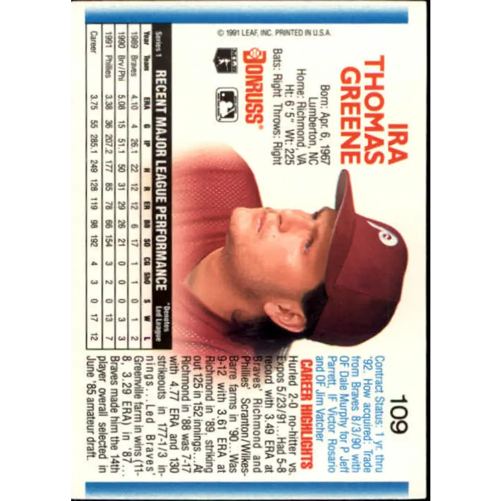1992 Donruss #109 Tommy Greene NM-MT Philadelphia Phillies Baseball Card Image 2