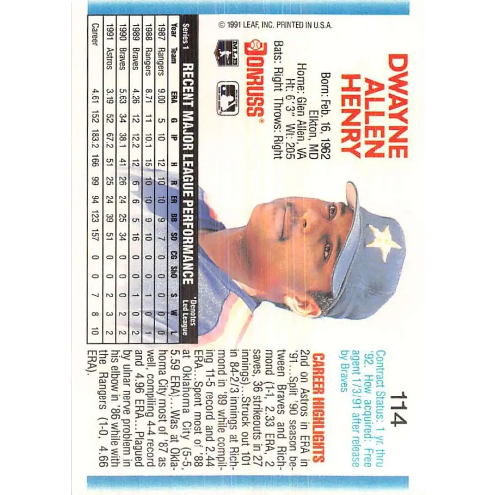 1992 Donruss #114 Dwayne Henry NM-MT Houston Astros Baseball Card Image 2