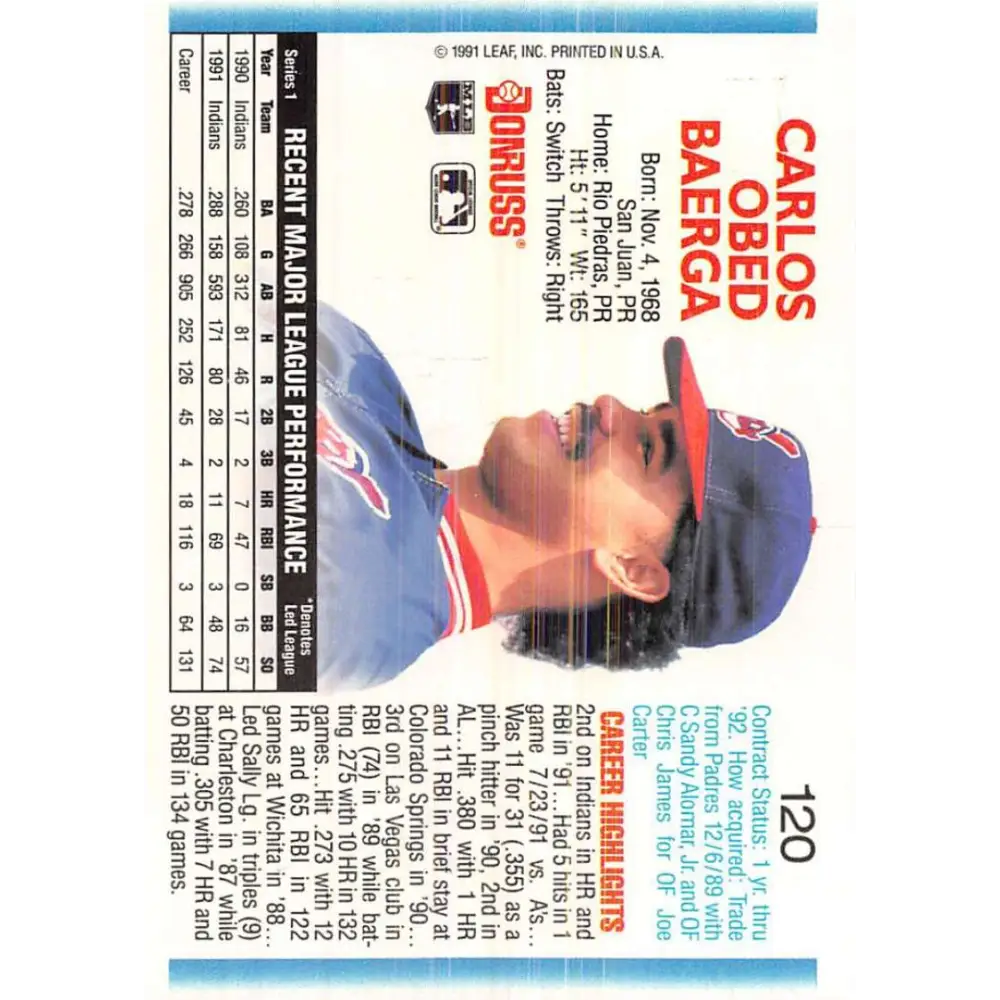 1992 Donruss #120 Carlos Baerga NM-MT Cleveland Indians Baseball Card Image 2