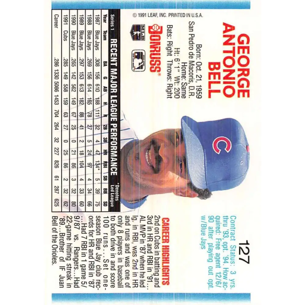 1992 Donruss #127 George Bell NM-MT Chicago Cubs Baseball Card Image 2