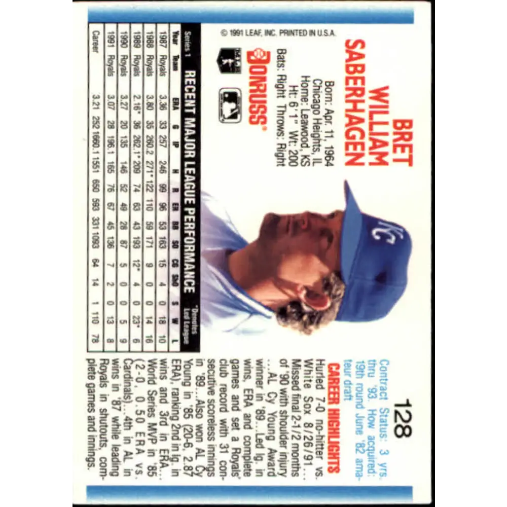 1992 Donruss #128 Bret Saberhagen NM-MT Kansas City Royals Baseball Card Image 2