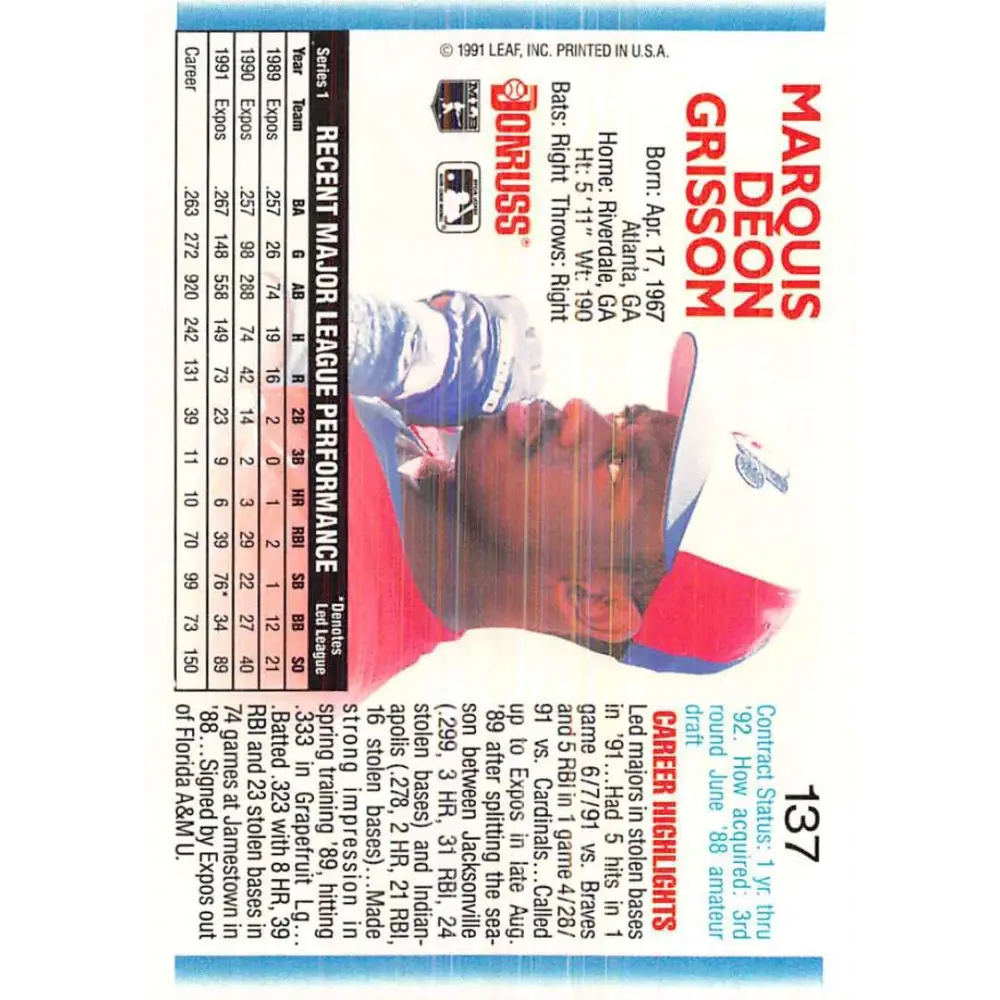1992 Donruss #137 Marquis Grissom NM-MT Montreal Expos Baseball Card Image 2