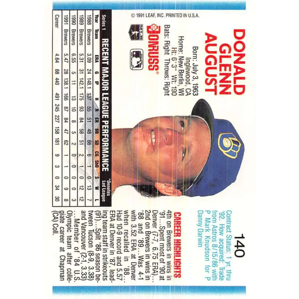 1992 Donruss #140 Don August NM-MT Milwaukee Brewers Baseball Card Image 2