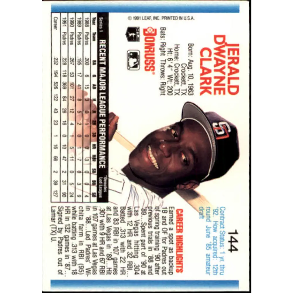 1992 Donruss #144 Jerald Clark NM-MT San Diego Padres Baseball Card Image 2