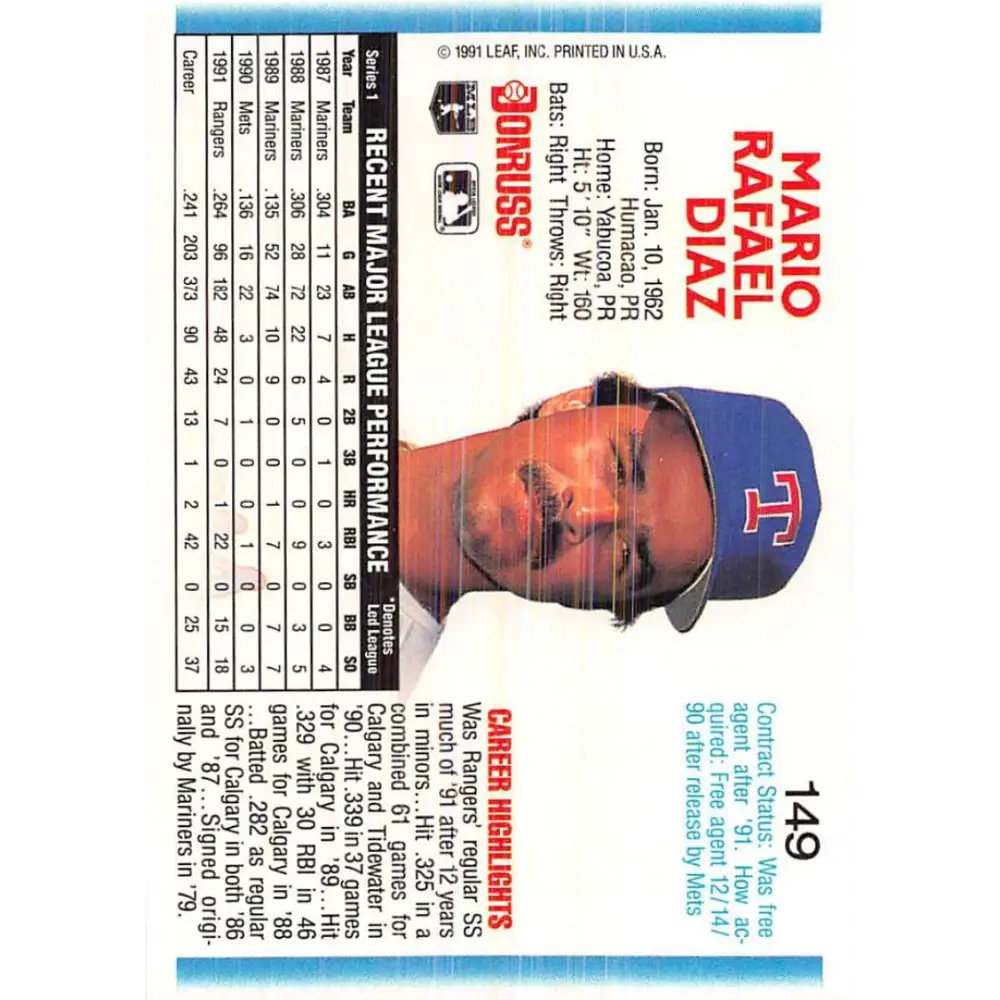1992 Donruss #149 Mario Diaz NM-MT Texas Rangers Baseball Card Image 2