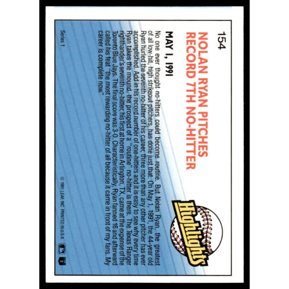 1992 Donruss #154 Nolan Ryan EX/NM Texas Rangers Baseball Card Image 2