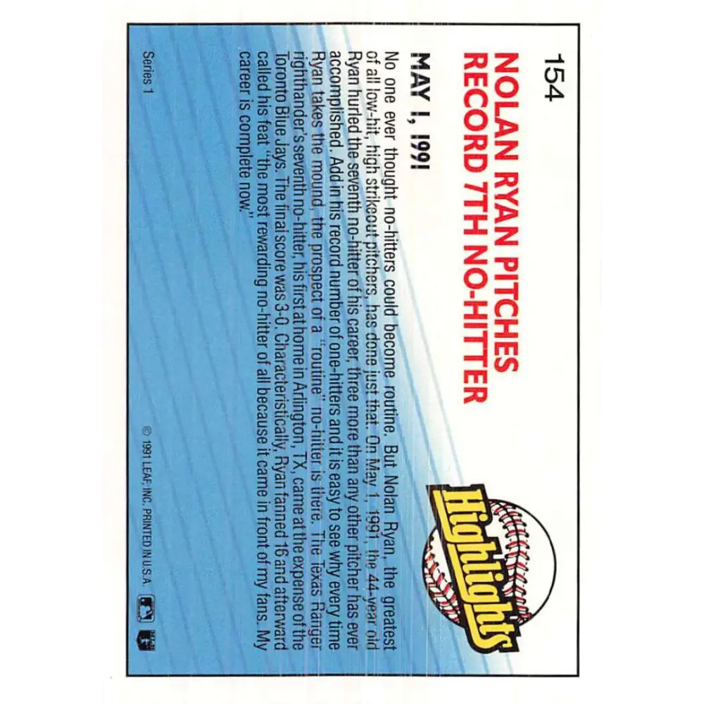 1992 Donruss #154 Nolan Ryan HL NM-MT Texas Rangers Baseball Card Image 2