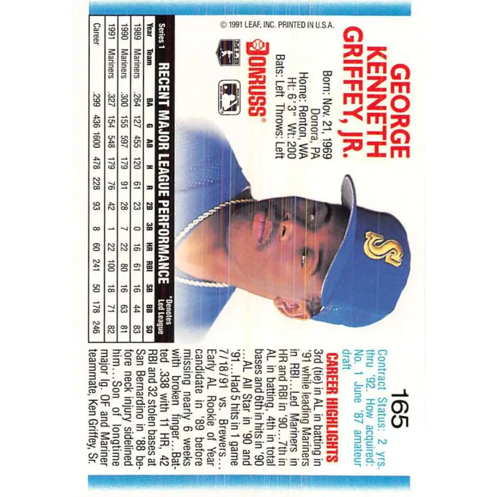 1992 Donruss #165 Ken Griffey Jr. NM-MT Seattle Mariners Baseball Card Image 2