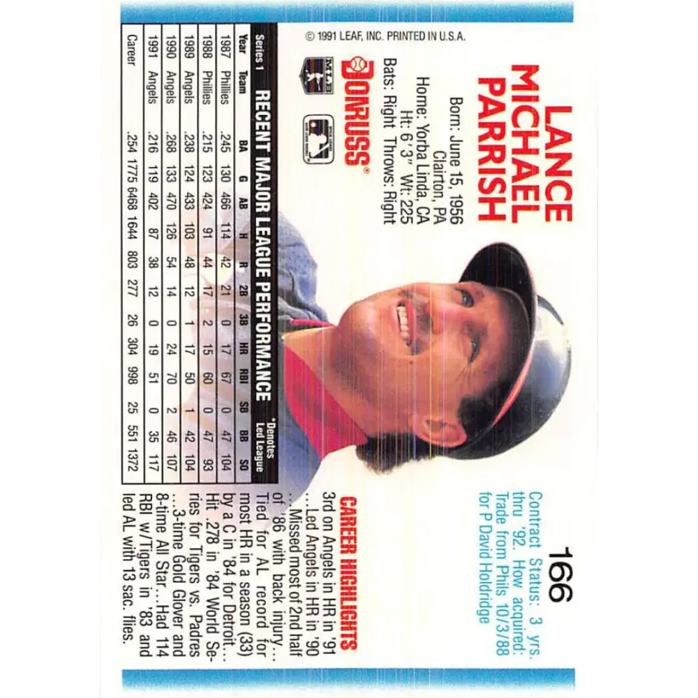 1992 Donruss #166 Lance Parrish NM-MT California Angels Baseball Card Image 2