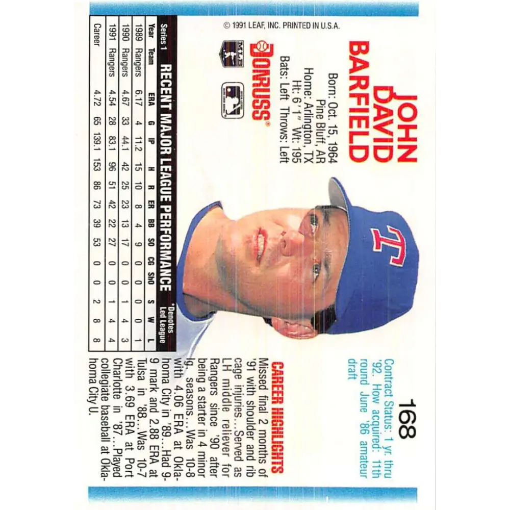 1992 Donruss #168 John Barfield NM-MT Texas Rangers Baseball Card Image 2