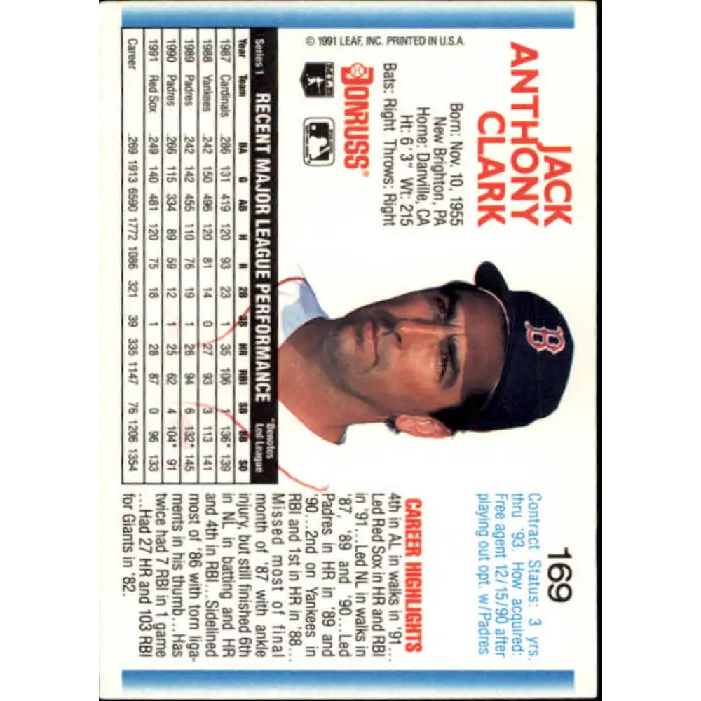 1992 Donruss #169 Jack Clark NM-MT Boston Red Sox Baseball Card Image 2