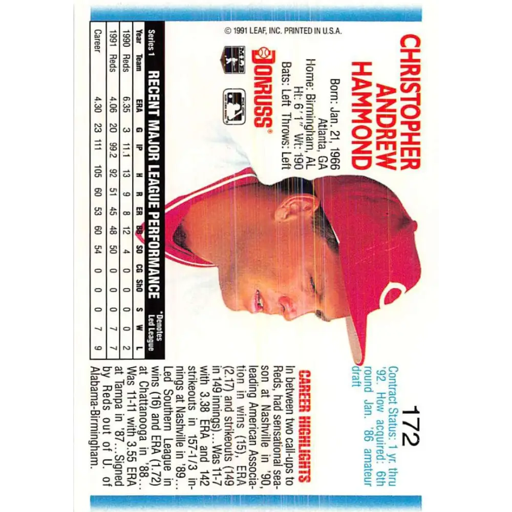 1992 Donruss #172 Chris Hammond NM-MT Cincinnati Reds Baseball Card Image 2