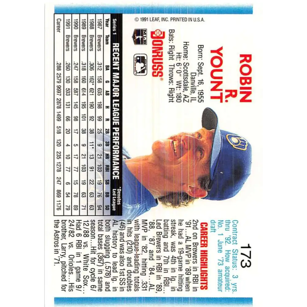 1992 Donruss #173 Robin Yount NM-MT Milwaukee Brewers Baseball Card Image 2