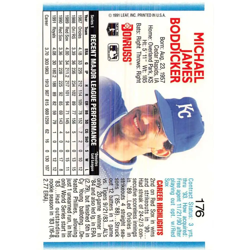 1992 Donruss #176 Mike Boddicker NM-MT Kansas City Royals Baseball Card Image 2
