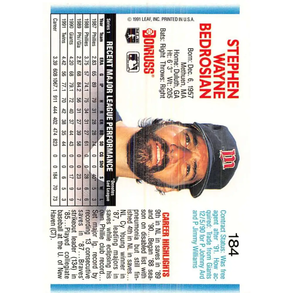 1992 Donruss #184 Steve Bedrosian NM-MT Minnesota Twins Baseball Card Image 2