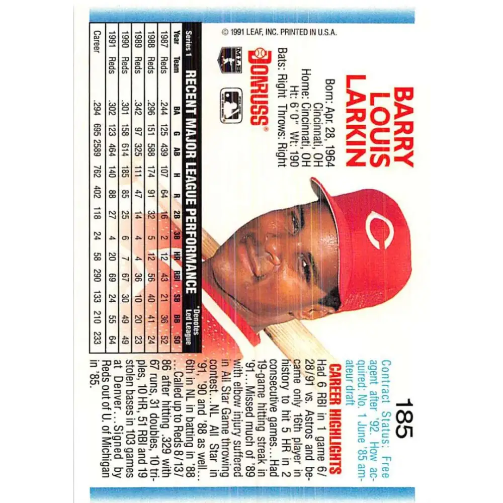 1992 Donruss #185 Barry Larkin NM-MT Cincinnati Reds Baseball Card Image 2