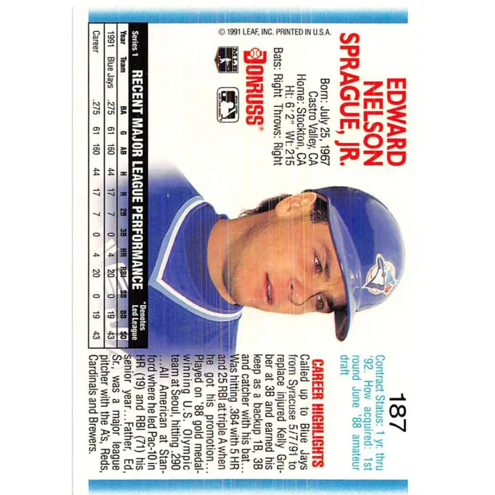1992 Donruss #187 Ed Sprague NM-MT Toronto Blue Jays Baseball Card Image 2