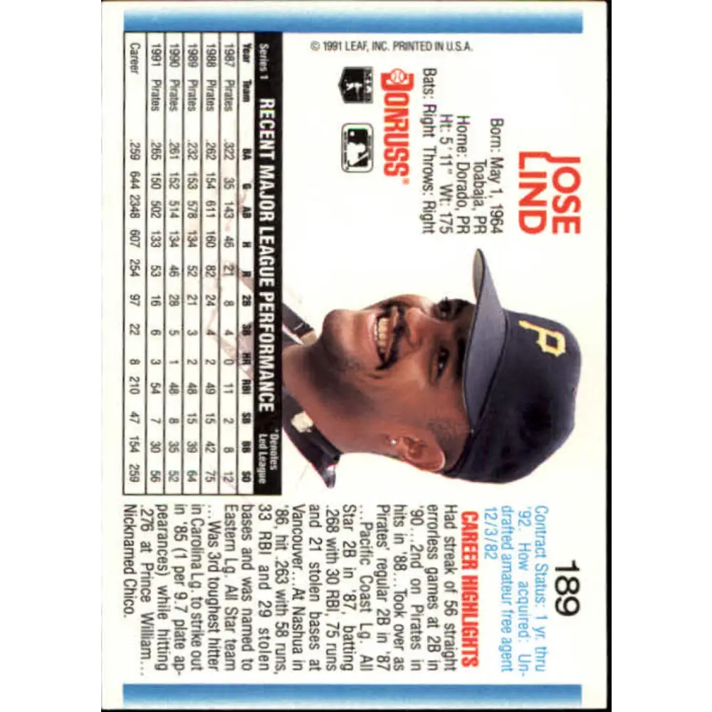 1992 Donruss #189 Jose Lind NM-MT Pittsburgh Pirates Baseball Card Image 2