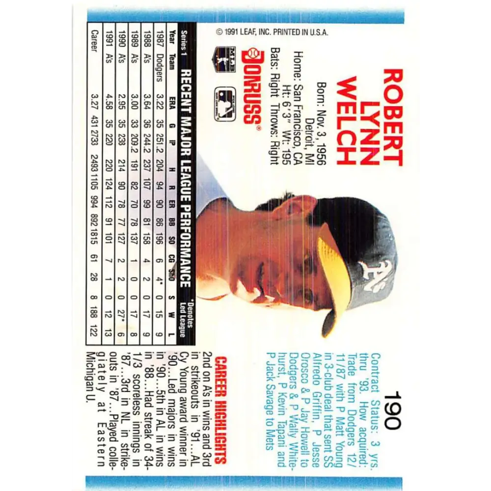 1992 Donruss #190 Bob Welch NM-MT Oakland Athletics Baseball Card Image 2