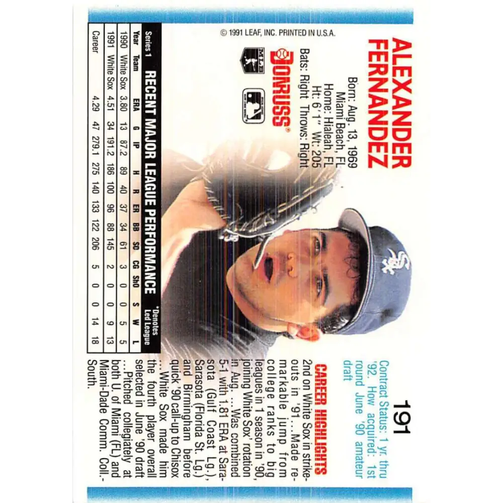 1992 Donruss #191 Alex Fernandez NM-MT Chicago White Sox Baseball Card Image 2