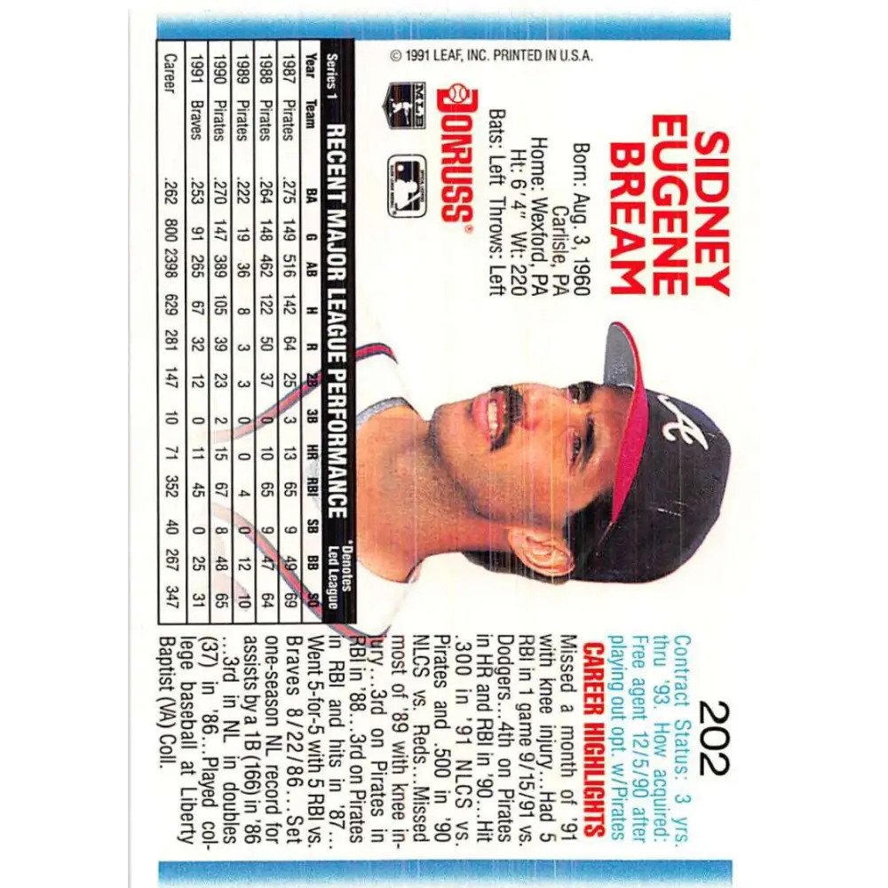 1992 Donruss #202 Sid Bream NM-MT Atlanta Braves Baseball Card Image 2