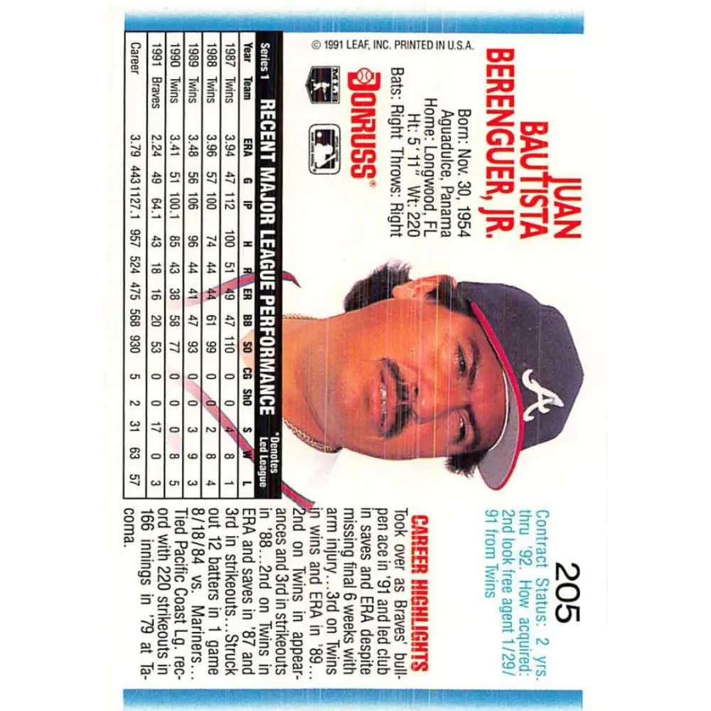 1992 Donruss #205 Juan Berenguer NM-MT Atlanta Braves Baseball Card Image 2