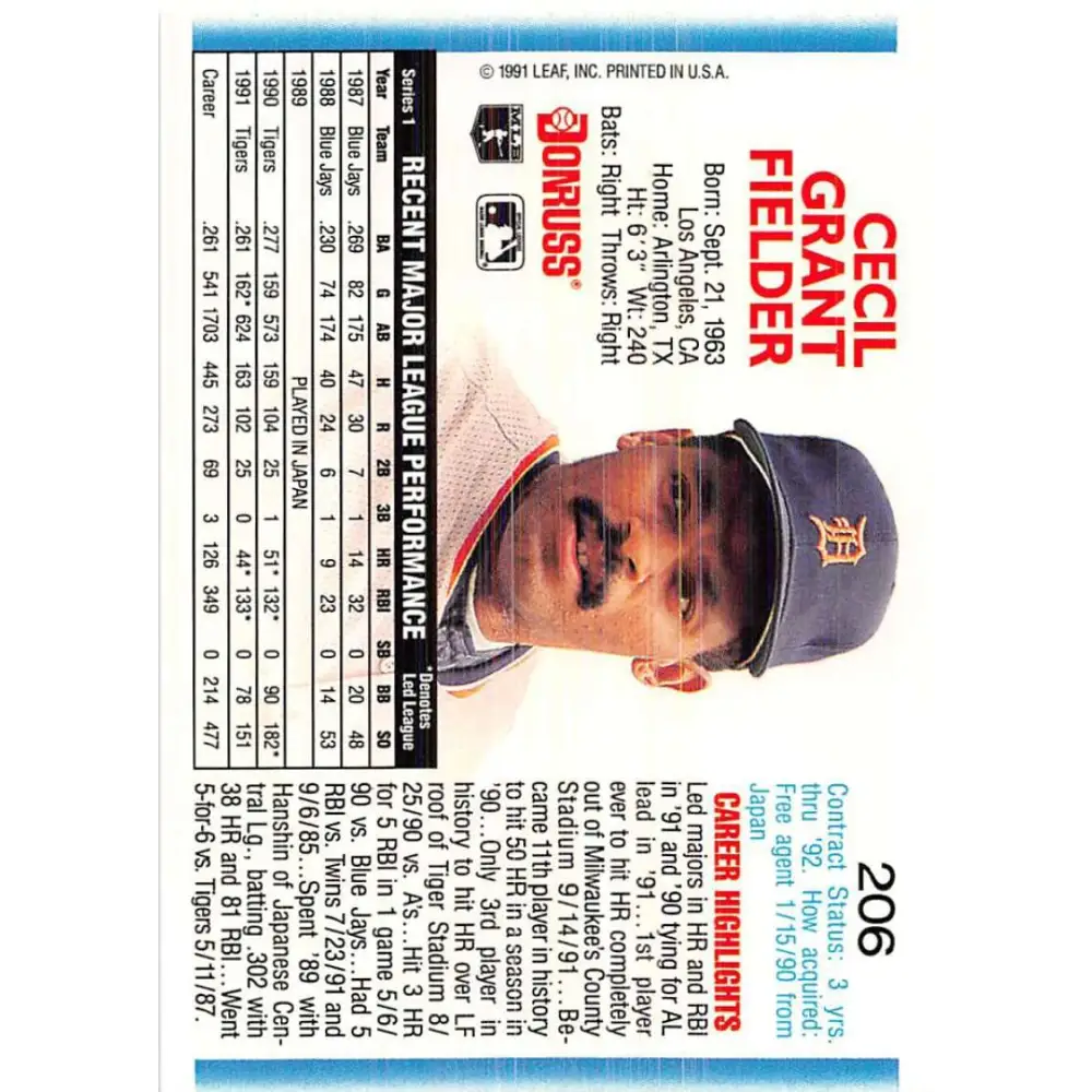 1992 Donruss #206 Cecil Fielder NM-MT Detroit Tigers Baseball Card Image 2