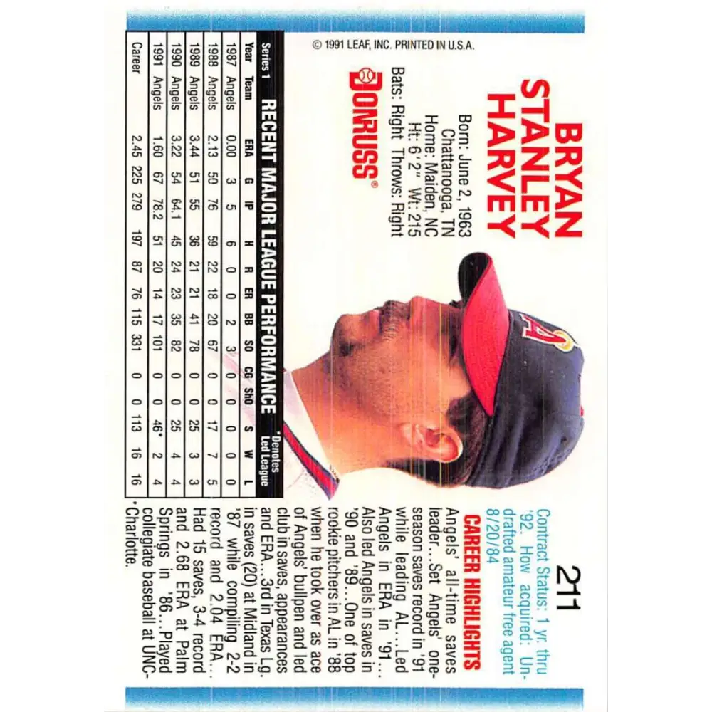 1992 Donruss #211 Bryan Harvey NM-MT California Angels Baseball Card Image 2