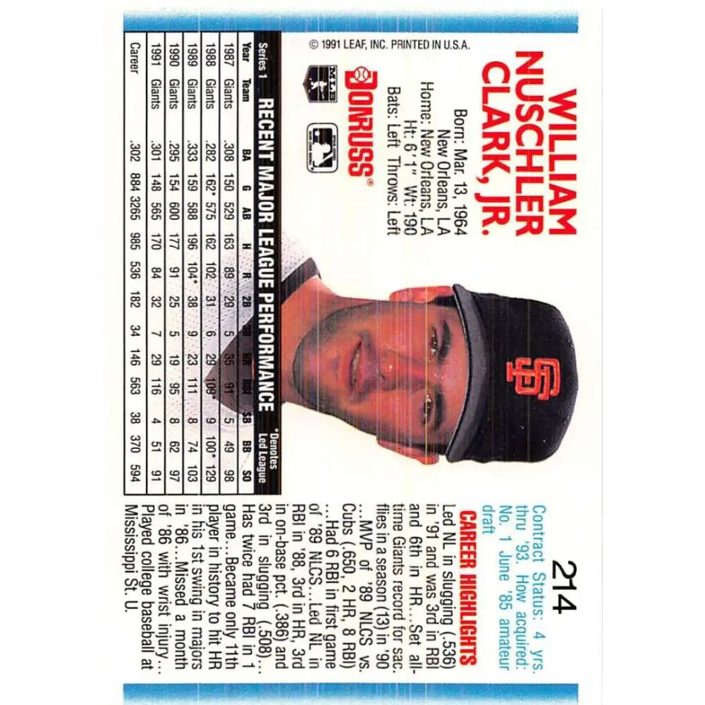 1992 Donruss #214 Will Clark NM-MT San Francisco Giants Baseball Card Image 2