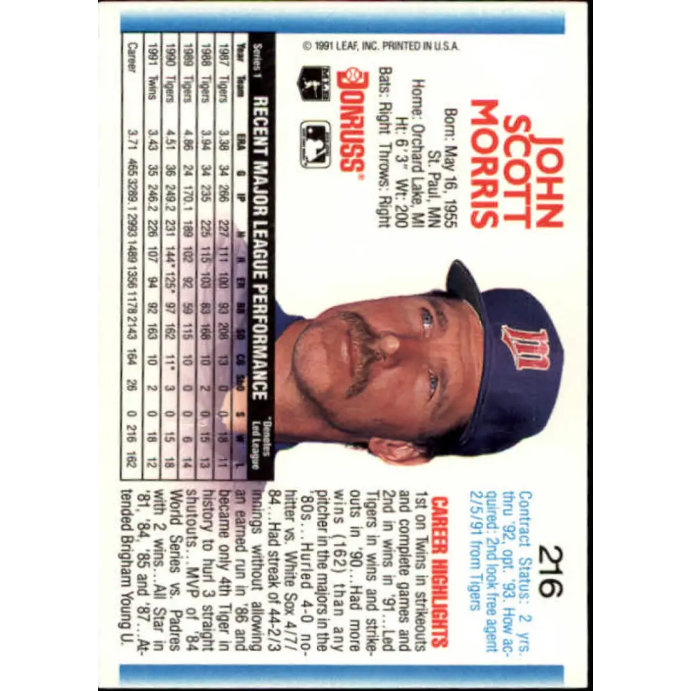 1992 Donruss #216 Jack Morris NM-MT Minnesota Twins Baseball Card Image 2