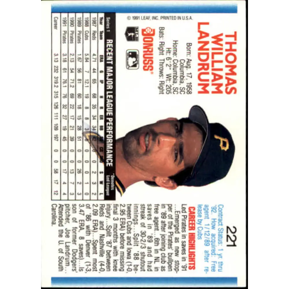 1992 Donruss #221 Bill Landrum NM-MT Pittsburgh Pirates Baseball Card Image 2